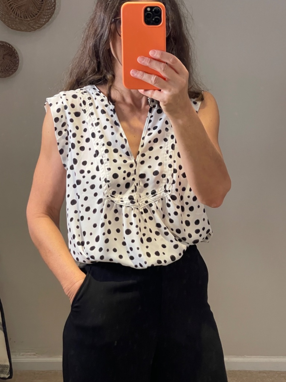 Loft black polka-dots white sleeveless light blouse women S